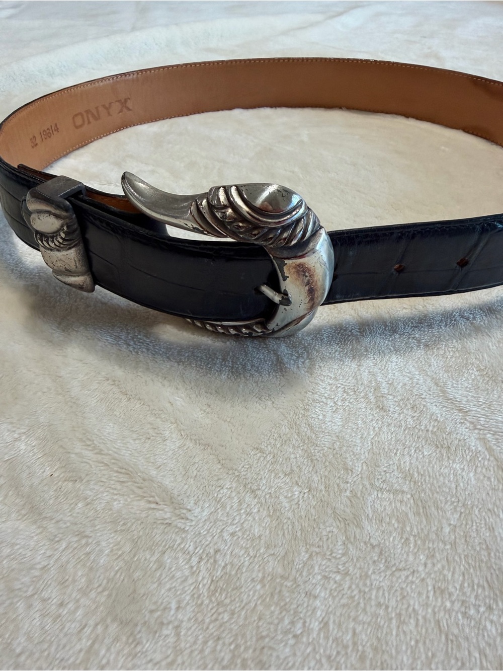 Onyx Black Leather Belt with Ornate Silver Buckle